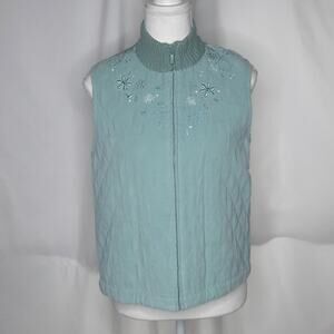 Alfred Dunner Women's Quilted Embroidered Beaded Vest Aqua 6P